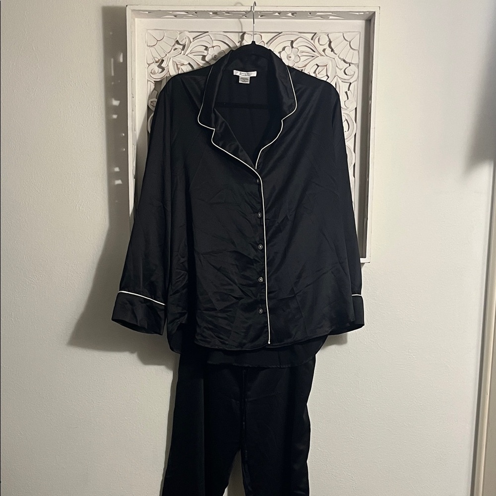 Natori Black Satin Pajama Set with White Trim